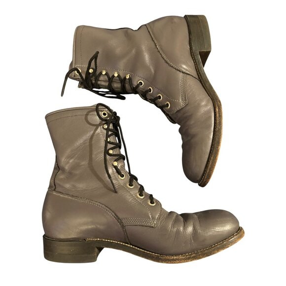 Justin 502 Vintage Gray Leather Lace-Up Combat Boots Stacked Heel Unisex 8 D - Picture 1 of 14